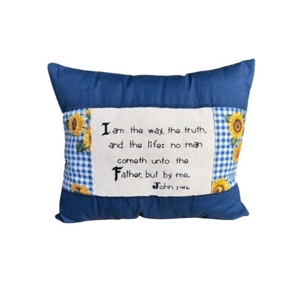 Handmade Cross Stitch Scripture John 14:6 Accent Pillow w/Sunflowers Blue NWOT